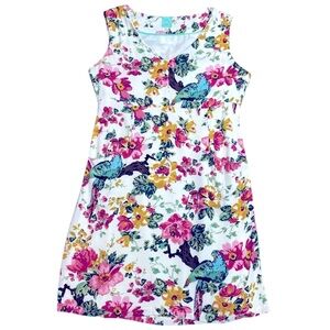 Joules Pink & Yellow Floral & Blue Bird 2 Pocket V-Neck Lined Midi Dress 14